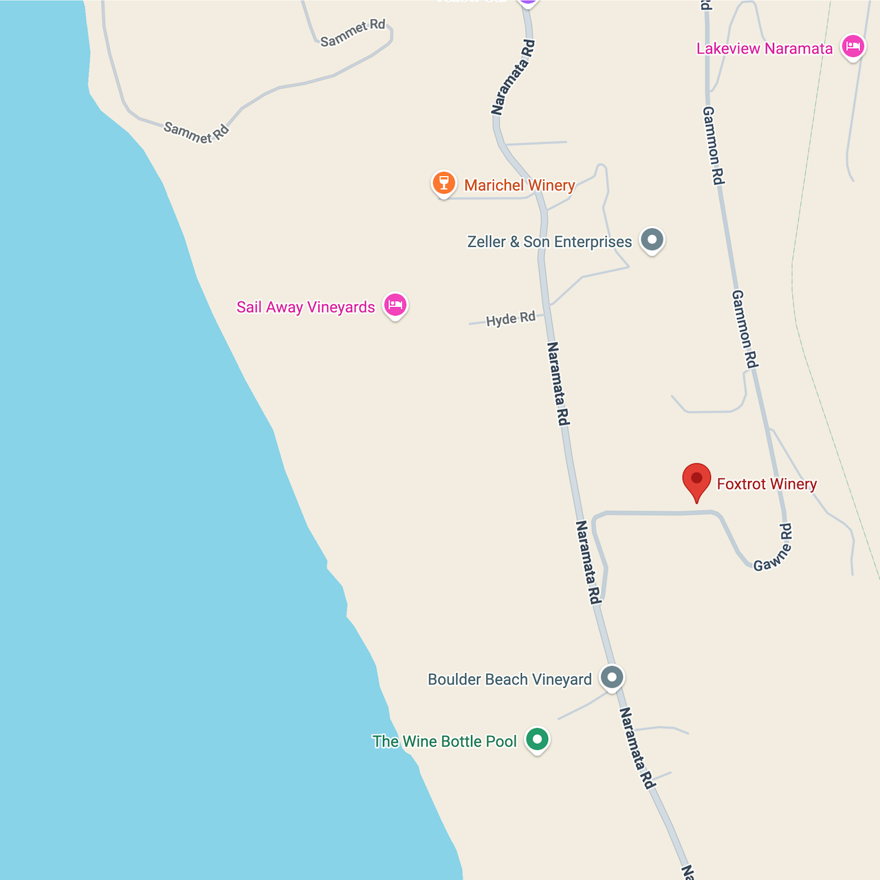 Map showing Foxtrot Winery on Gawne Road, Naramata, BC